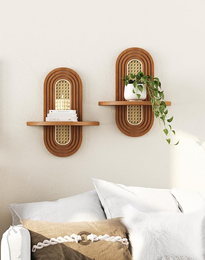 Floating Shelves for Wall, Boho Home Wall Decor, Rattan Plant Shelf Set of 2