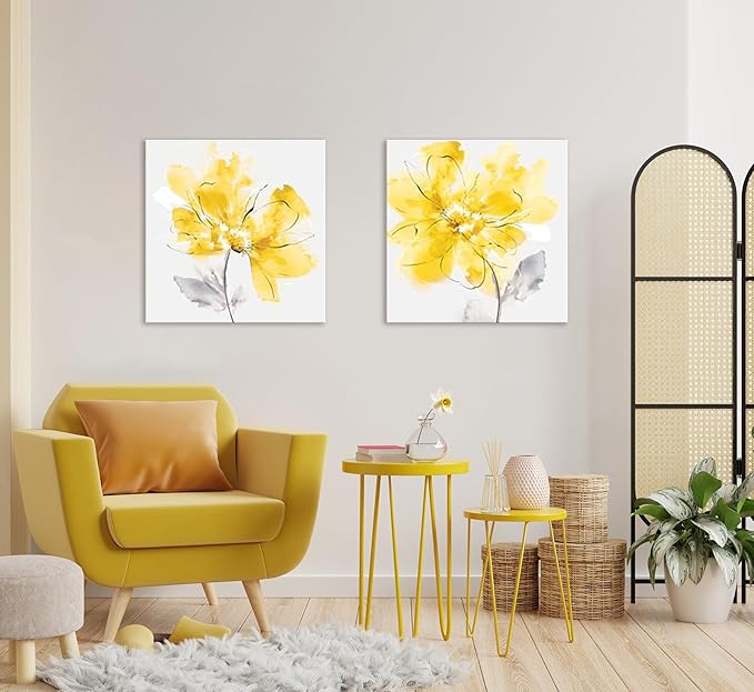 SEVEN WALL ARTS Yellow Flowers Wall Art 2 pcs Floral Pictures for Bathroom Abstract Canvas Flowers Wall Decor Botanical Poster Print for Living Room Bedroom Home Decor 24"x24"