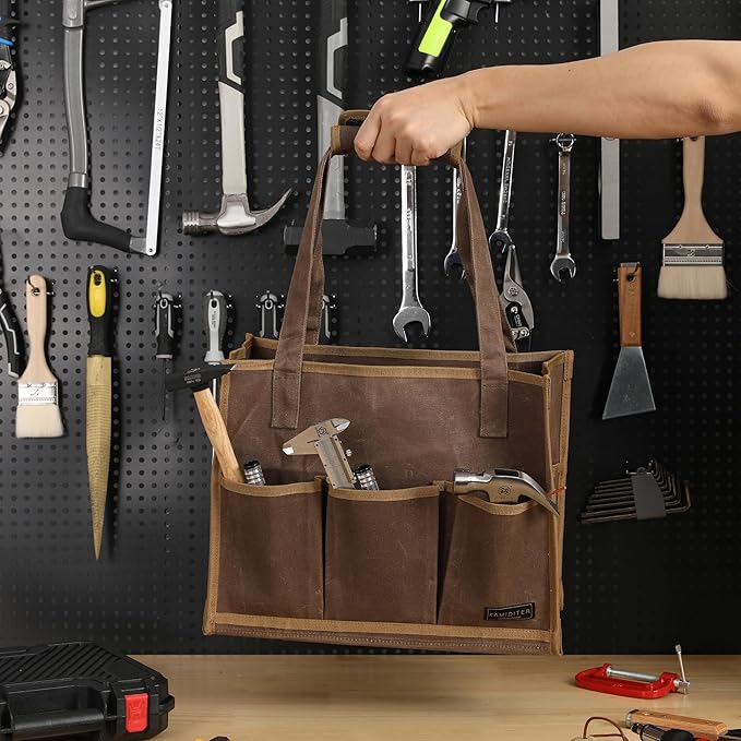 Heavy-Duty Waxed Canvas Tool Pouch - 14-Pocket Garden Tool Organizer with Removable Handle | Multi-Compartment Storage Bag for Tools (14.5" x 11" x 6.5", Grey)