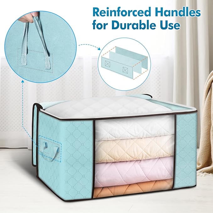 Budding Joy 90 L Large Storage Bags, 4 Pack Clothes Storage Bins Foldable Closet Organizer Storage Containers Storage and Organization for Clothes, Blanket, Comforters, Bed Sheets, Pillows (Blue)
