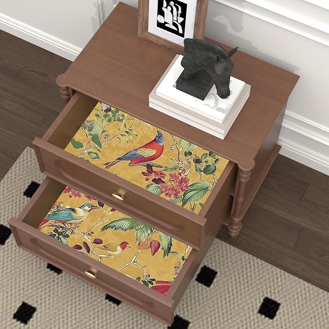 Yellow Boho Wallpaper Peel and Stick, Vintage Floral Bird Contact Paper