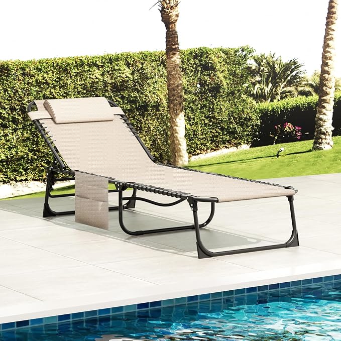 Folding Lounge Chair Outdoor, 4-Level Reclining Backrest Aluminum Lounge Chair, Removable Pillow & Side Pocket Design, Breathable Portable Tanning Chair for Poolside, Patio, Backyard, Beige