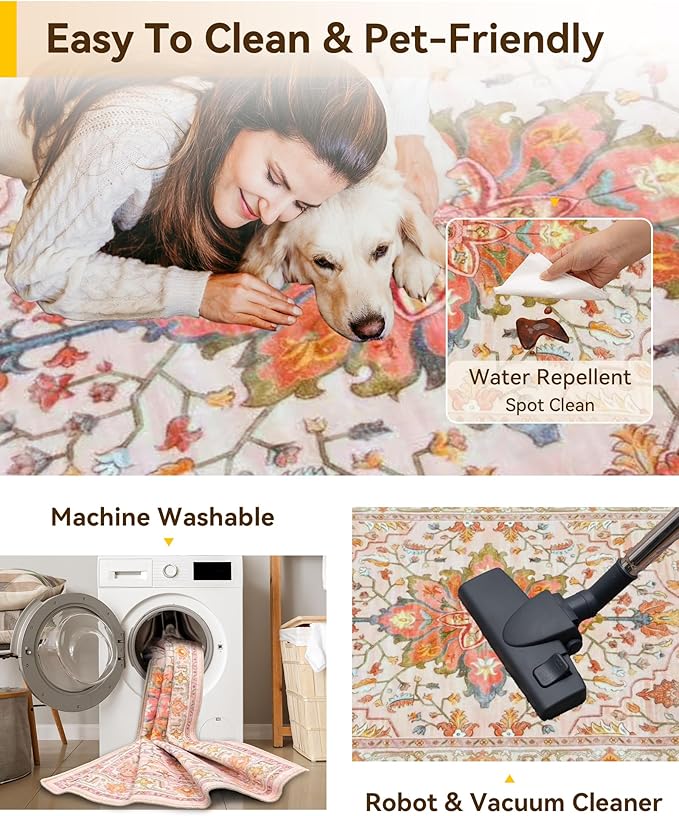 Area Rugs 9'x12' Washable Non-Slip, Floral Vintage Distress Print Pattern Medallion Carpet for Living Room Bedroom Dining Room, Light Pink Colorful