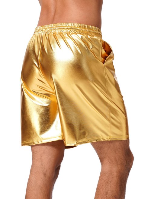 ABAFIP Men's Shiny Metallic Shorts Drawstring Sparkly Dance Hot Pants Disco Rave Party Outfit with Pockets Gold X-Large