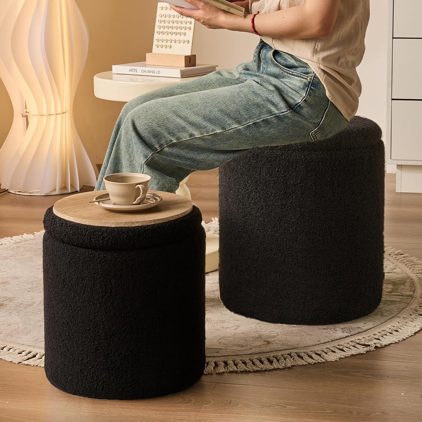 Round Ottoman with Storage Set of 2-Upholstered Sherpa Vanity Stool for Makeup Multifunctional Ottomans Coffee Table Padded Seat Foot Rest for Living Room&Bedroom(Sherpa, Black)