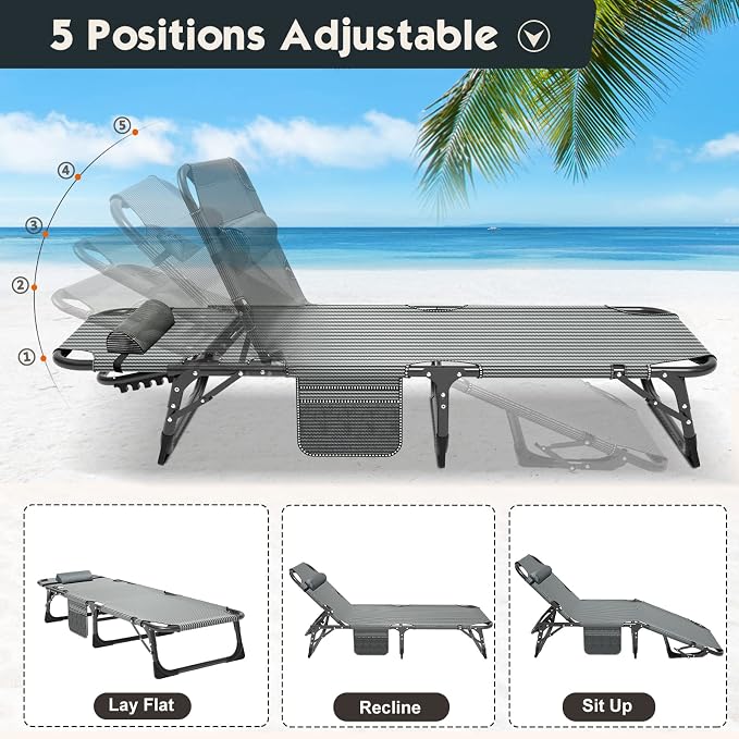 MOPHOTO Folding Lounge Chair 5-Position, Folding Cot, Portable Outdoor Chaise Lounge Chair for Sun Tanning, Perfect for Pool Beach Patio Sunbathing