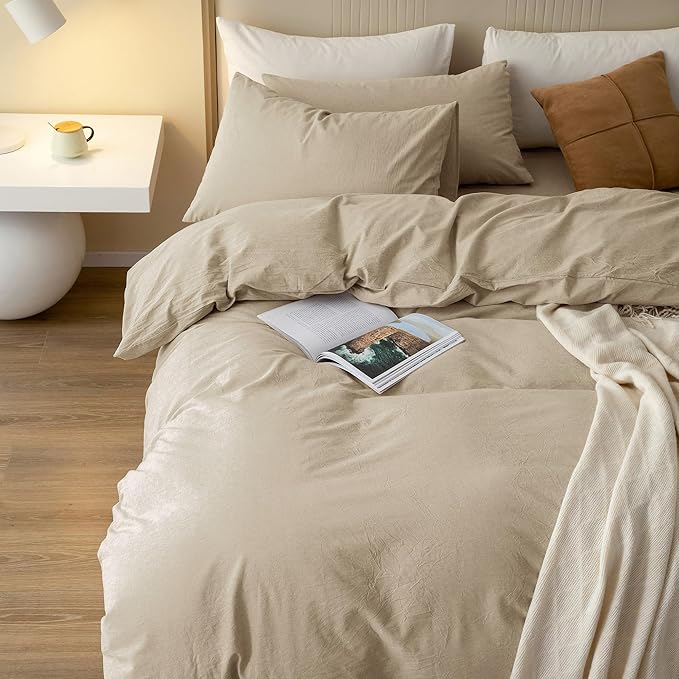 JIYUAN 100% Washed Cotton Duvet Cover Set 3 Pieces Cal King, 1 Duvet Cover 104x98 Inches(Comforter Not Included) and 2 Pillowcases,Linen Feel Bedding Set Comfy and Breathable, Heathered Tan
