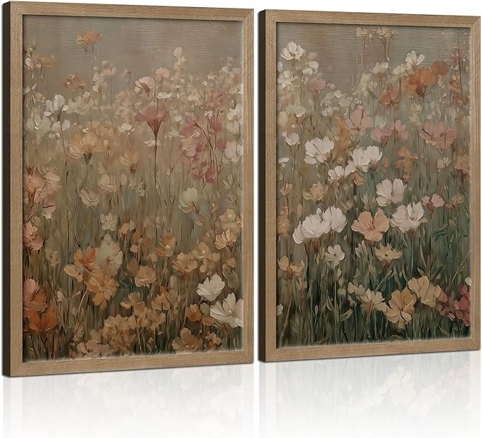 Framed Vintage Canvas Wall Art Modern Floral Poster Picture Countryside Painting Nature Landscape Contemporary Home Print Living Room Gallery Office Ready to Hang 12x16 Inch x2