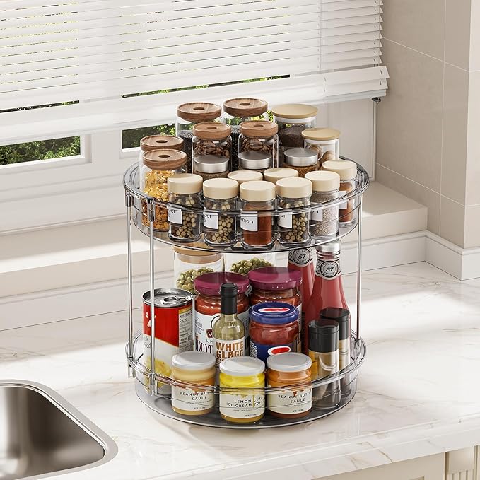 LAMU 2 Pack 2 Tier Lazy Susan Turntable Organizer 12'' Rotating Spice Rack Organization for Cabinet, Kitchen, Pantry, Countertop, Bathroom, Vanity, Medicine Cabinet Organizer, Grey
