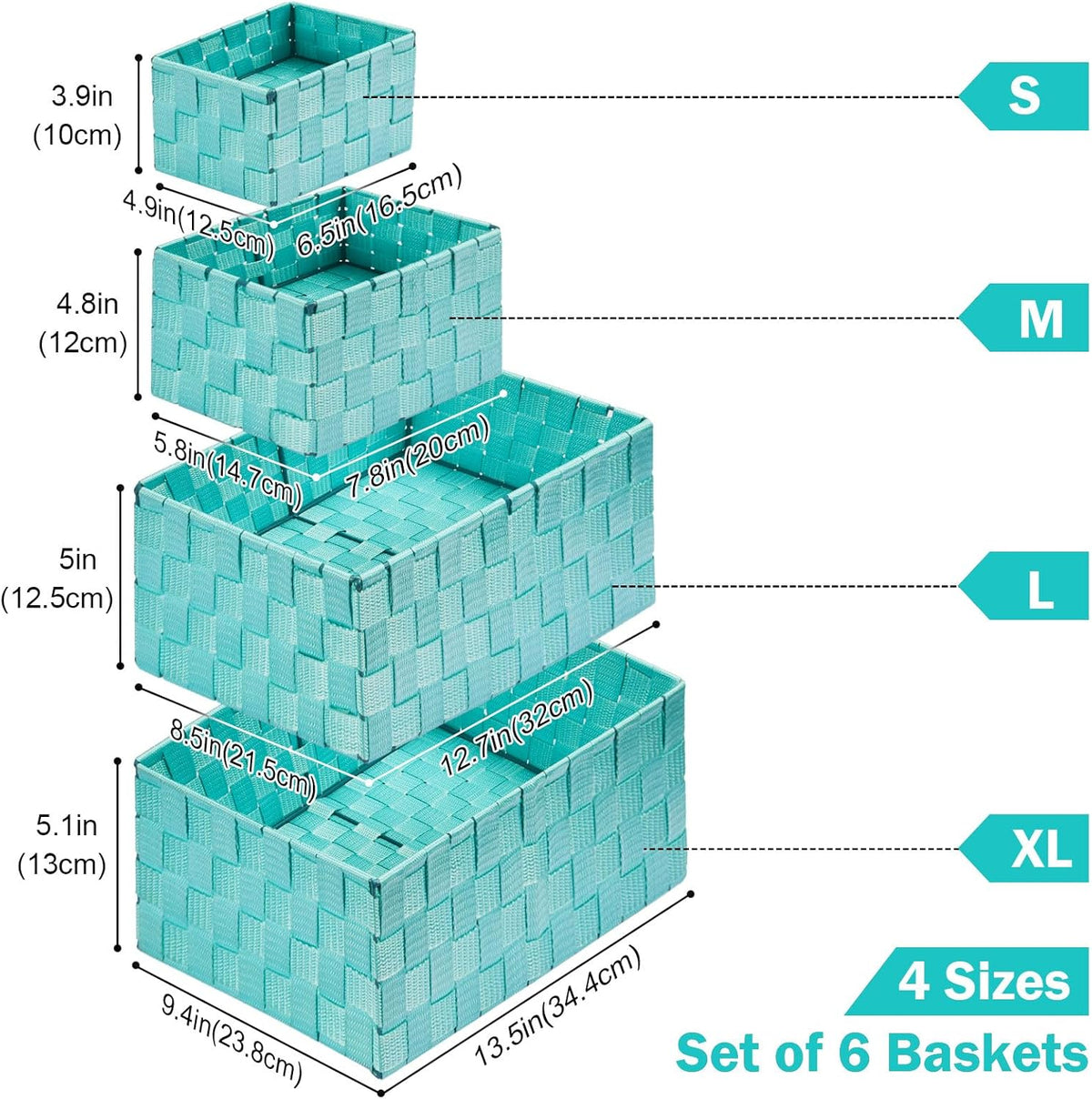 Woven Storage Baskets, Storage Bins, Cube Basket Container Baskets Storage Boxes Organizers for Clothes /Shelves/ Closet, Set of 6 (Aqua)