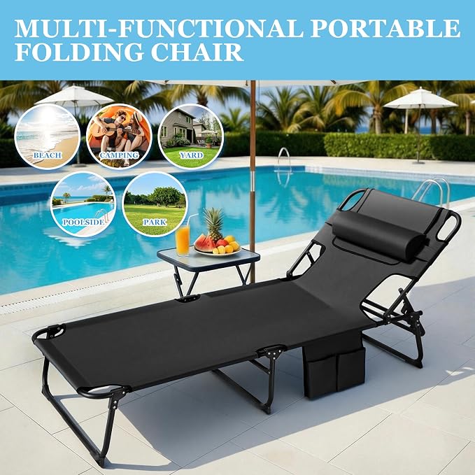 3-in-1 Sun Tanning Chair with Face Holes, Folding Chaise Lounge Chairs, 5-Position Adjustable Lounge Chair Outdoor with 2 Side Pocket & Pillow, for Pool Beach, Patio, Camping, Black