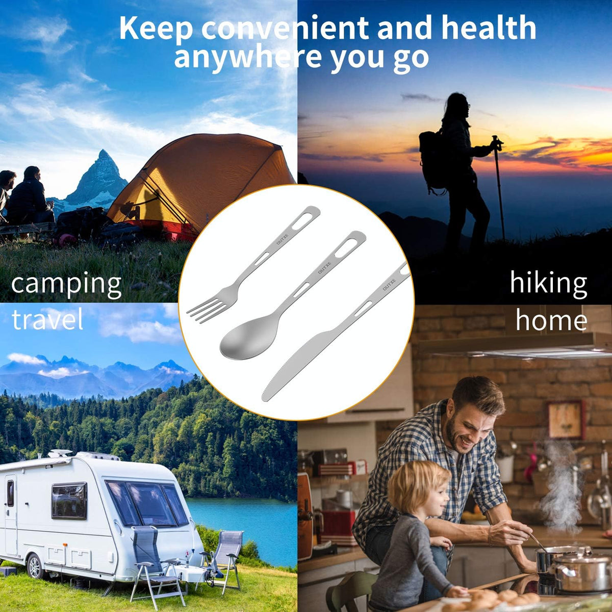 OUTXE Titanium Flatware Set - Lightweight Camping Cutlery with Carrying Bag for Travel & Hiking