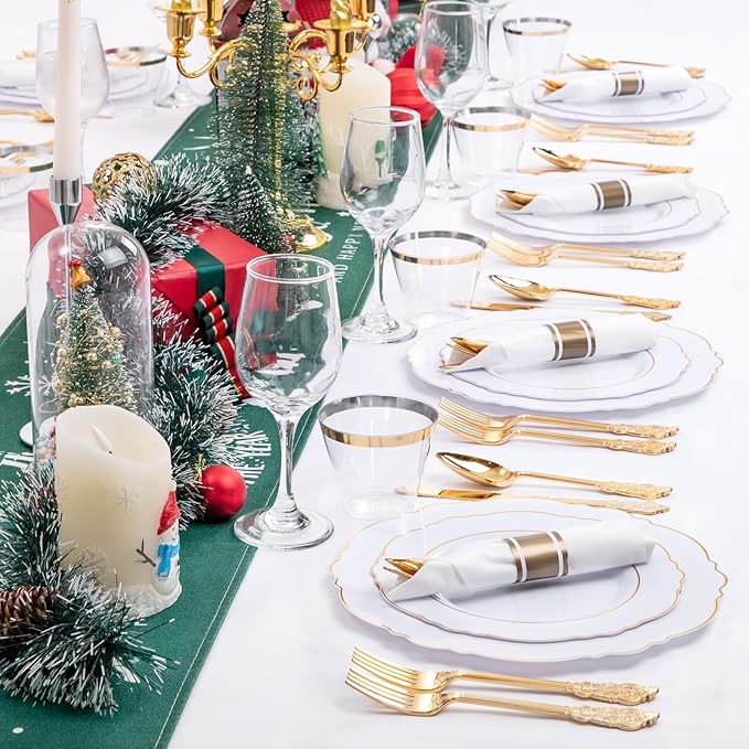 Liacere 350PCS Gold Plastic Plates-Disposable White and Gold Plates 50guest Baroque Plastic Dinnerware include 100Plates, 50Pack Pre Rolled Napkins with Silverware 50Cups for Wedding&Thanksgiving