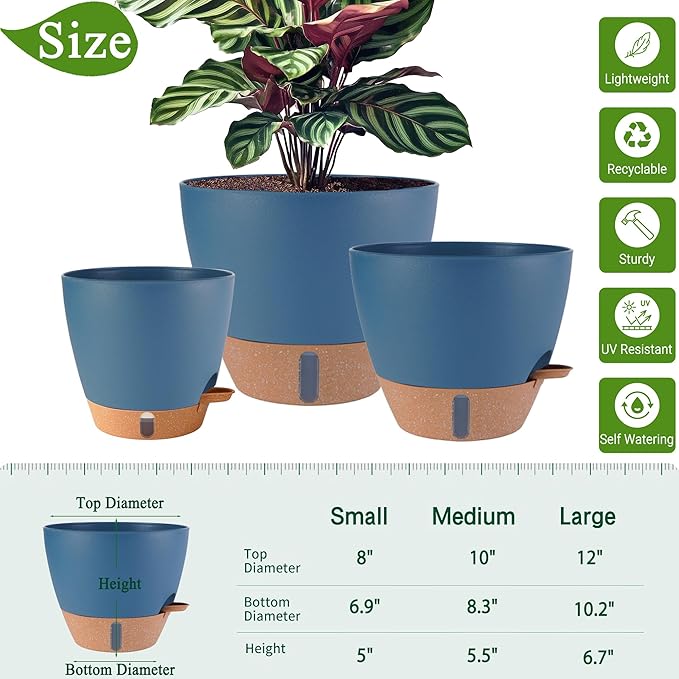12/10/8 inch Plant Pots, Large Plastic Self Watering Planters with Drainage Holes, Deep Reservoir, Water Level Indicator, Modern Decorative Flower Pots for Indoor Outdoor Plants (Navy Blue, 12/10/8)