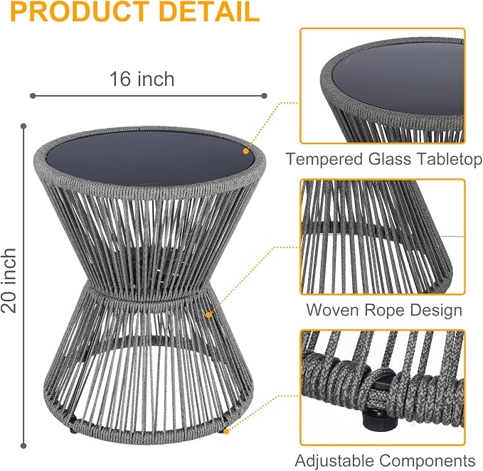 SUNNYPARK Outdoor Side Table 20'' H Small End Tables Woven Rope Weather Resistant with Glass Top Round Coffee Table for Indoor Balcony Patio Poolside (Gray)