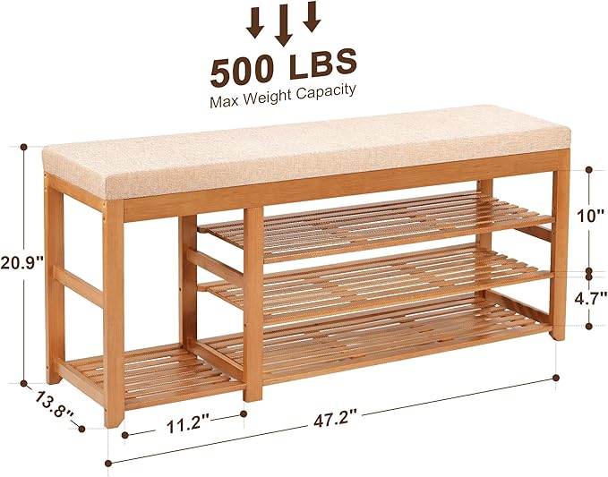47.2 in Shoe Rack Bench with Cushion, 3 Tier Bamboo Entryway Bench with Storage for Entryway, Hallway, Bedroom, Living Room