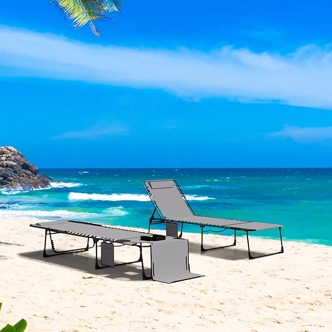 Outdoor Chaise Lounge Chair with Face Hole and Arm Hole, Tanning Chair with 5 Position Adjustable Back, Foldable Lounge Chair with Detachable Pocket and Pillow for Beach, Pool, Gray