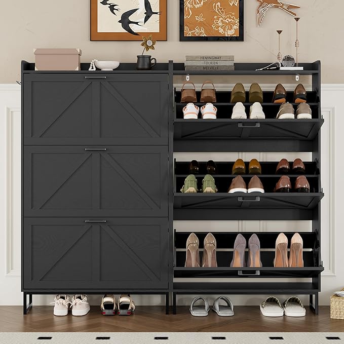 Shoe Cabinet with 3 Flip Drawers Narrow Shoe Storage Cabinet Organizer Wooden Freestanding Shoe Rack Hidden Slim Shoes Storage Cabinet for Entryway, Hallway, Living Room, Bedroom