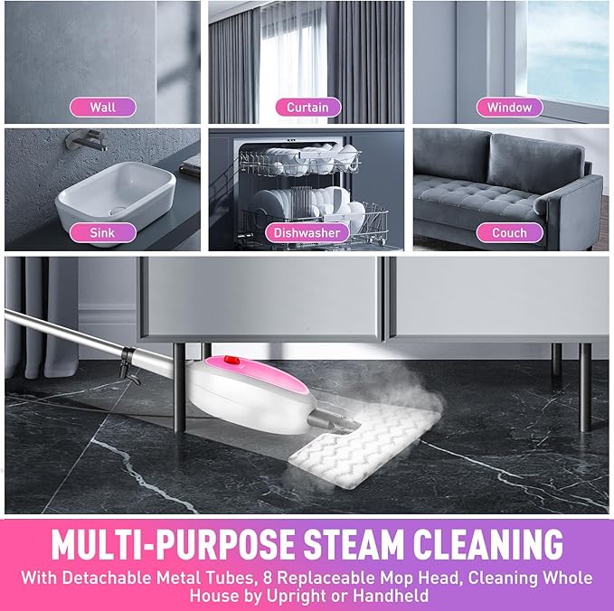 Steam Mop, Detachable Handheld Steam Cleaner with 10-in-1 Multipurpose Accessories, Two-sided Mop, Double Cleaning Area, Multi Surfaces Steamer for Wood Floor, Tile, Window, Clothes, Furniture & Grout
