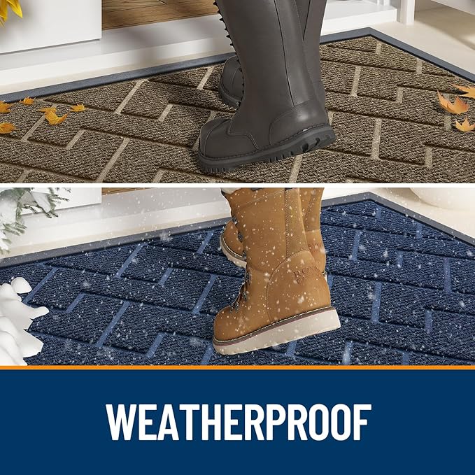 OLANLY Front Door Mat Indoor Outdoor Entrance, Waterproof All-Season, All-Weather Doormat, Sturdy Natural Rubber, Low Profile, Easy Clean Patio Porch Entryway Mat, Herringbone Brick (Grey, 59x35)