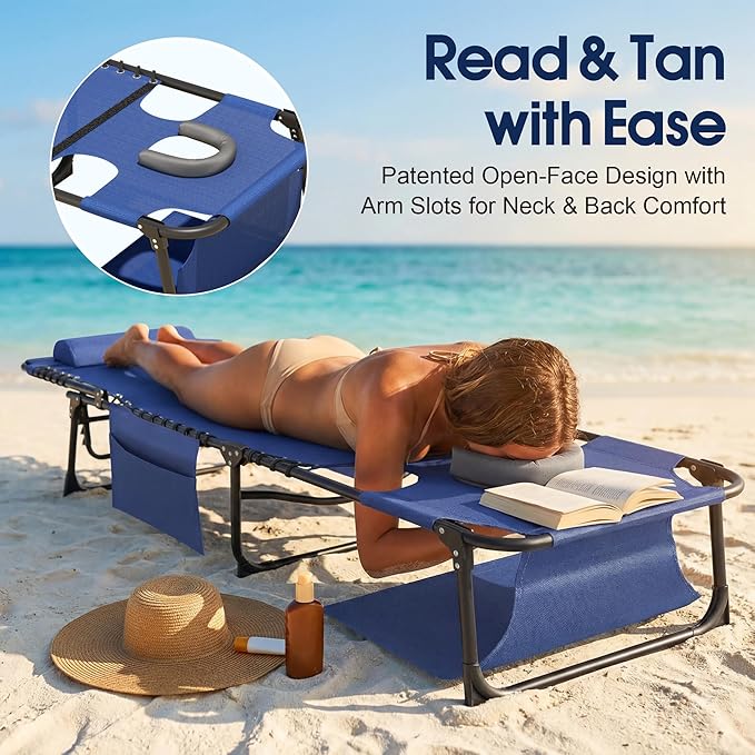 Flamaker Oversize Face Down Chaise Lounge Chair, 27 Inch Wide Foldable Outdoor Patio Chair, 5-Position Adjustable Tanning Chair with Face& Arm Holes for Sunbathing, Pool, Beach, Lawn (Grey, 1 Pcs)