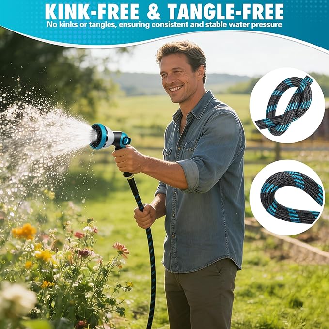 25 FTGarden Hose, Non-Expandable Flexible Fabric Water Hose with 10-Function Spray Nozzle, Kink-Free & Lightweight Yard Hose with 3/4" Solid Brass Connectors for Lawn, Outdoor, RV & Marine Use