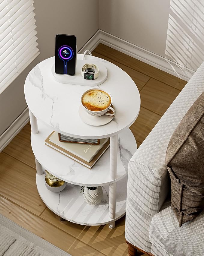 Small Round Side Table - 3-Tier Oval Accent Table for Small Spaces, Rustic Wood and Metal Nightstand for Living Room or Bedroom, with Built-in USB Ports and Power Outlet, Marble White