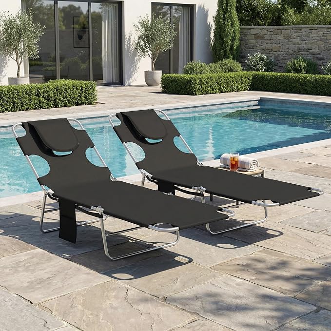 Outsunny Chaise Lounge Chair Outdoor Set of 2 with Face Arm Hole, 5-Position Reclining Face Down Tanning Chair with Carry Strap, Side Pocket, Portable Folding Bed Cot for Patio Beach Pool, Black