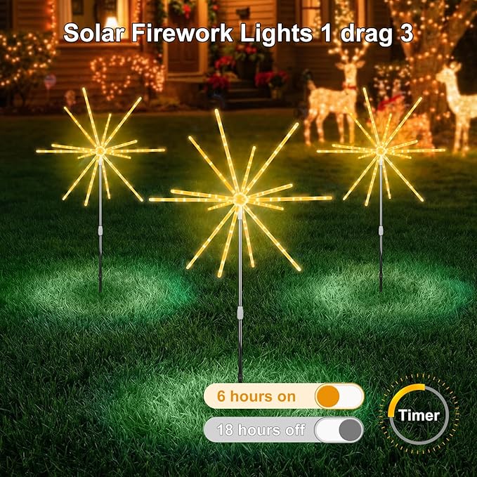 CCILAND 3 Pack Solar Firework Lights Outdoor, 336 LEDs Solar Starburst Garden Lights with Timer 8 Modes, Waterproof Decorative Lights for Yard Patio Walkway Pathway Party Wedding (Warm White)
