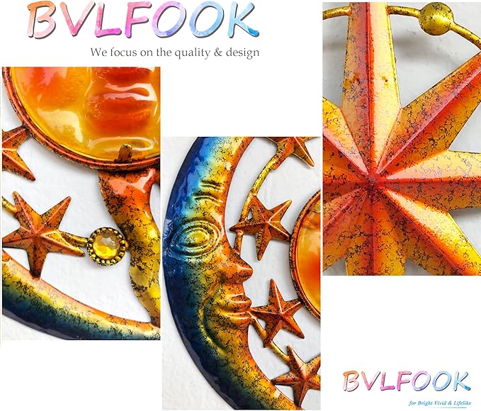 Sun Moon Star Metal Wall Art, Glass Sun Face Weird Decor, Set of 3, Valentine Wall Decor for Patio Garden Balcony Porch Yard, Farmhouse Bedroom Living Room Wall Decorations