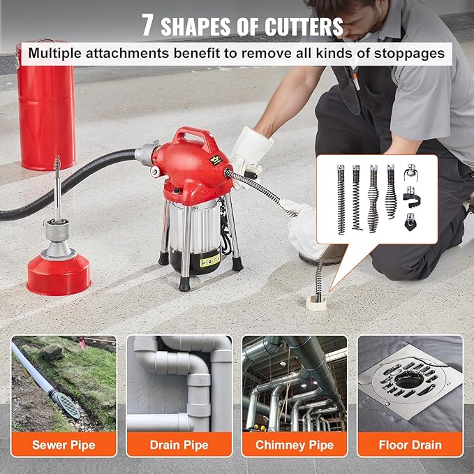 VEVOR Drain Cleaner Machine 120FT x 5/8 Inch, 370W Electric Sewer Snake Auger Manual Feed - with 2 Sectional Steel Cables(120' x 5/8" and 23' x 3/8"), 7 Cutters and CW/CCW Control for 1.6" to 4" Pipes