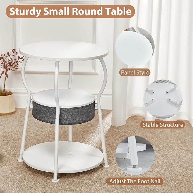 Small Round Side Table with Storage Bag, 3-Tier Accent Round End Table with Storage Shelves for Living Room, 21.6" H Vintage Small Corner Table for Smalls Spaces (D - 15.8 in White)