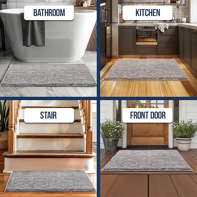 Muddy Mat Chenille Bathroom Rugs Quick Dry Microfiber Mats Non Slip Washable, Extra Thick, Soft and Highly Absorbent Bath Mats for Bathroom, Kitchen, and Shower Floor - Grey Runner 59"X24"