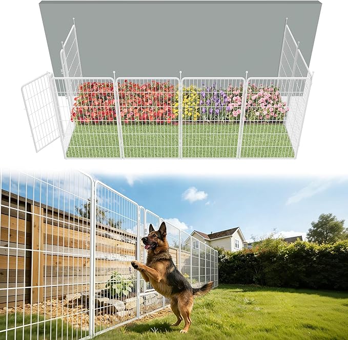FXW Garden Fence Outdoor for the Yard – 45in(H) x 18.2ft(L) Heavy Duty Metal Animal Barrier for Dog, No Dig Decorative Dog Fence, 8 Panels, White