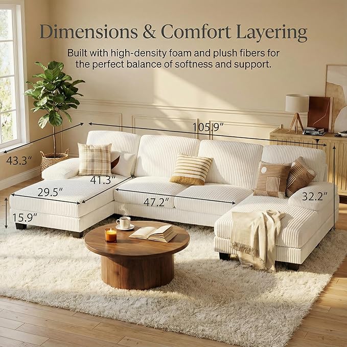 Homall Modular Sectional U Shaped Sofa Couches for Living Room, Comfy Chenille 4 Seat Sofa Set with Removable Pillows, Lounge Chaise Upholstered Couch for Apartment (Corduroy, Beige)