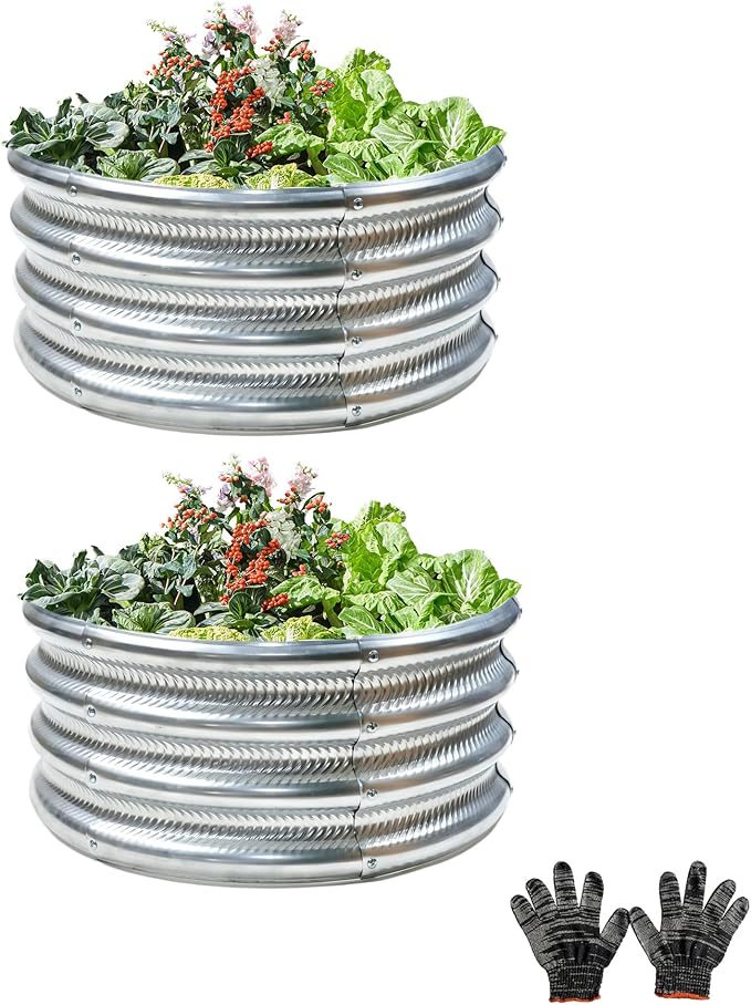 Gartist 2 Pcs 2x2X1 FT Round Galvanized Raised Garden Bed Kit, Silver Outdoor Planter Garden Bed, Metal Raised Box for Vegetables, Fruits, Flowers & Herbs