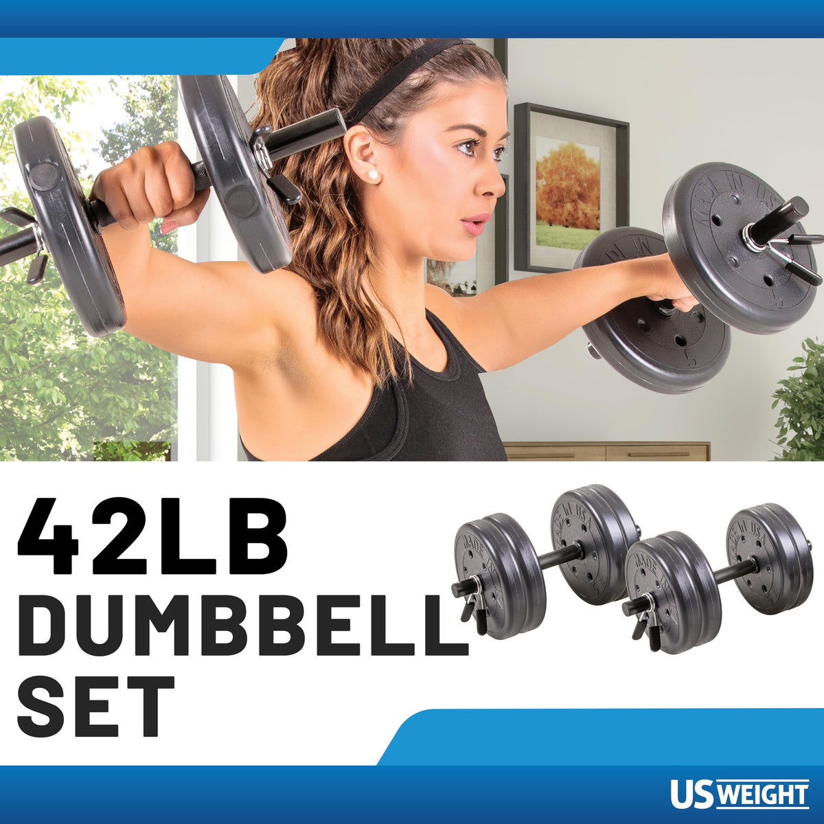 US Weight Adjustable 42LB Dumbbell Set with Spring Clips, 14" Knurled Bars – Made in USA, Essential Home Gym Equipment for Strength Training