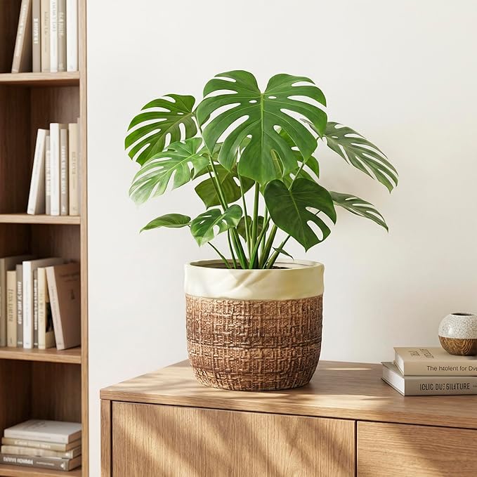 Ceramic Pots for Plants - 8 Inch Plant Pot Indoor with Drainage Hole, Round Planters for Indoor Outdoor Plants and Flowers, Decorative Boho Flower Pots, Room Decor, Housewarming Gifts, Brown