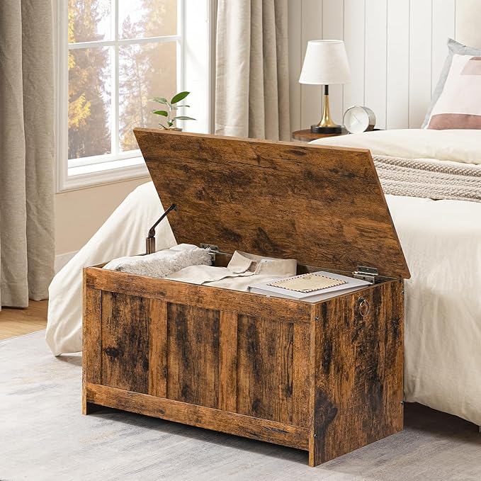 HOOBRO Storage Bench, 29.5" Retro Wooden Storage Chest, Wooden Storage Trunk, Toy Chest with Lift Top, Multifunctional Entryway Organizer, for Entryway, Living Room, Rustic Brown FG751CW01