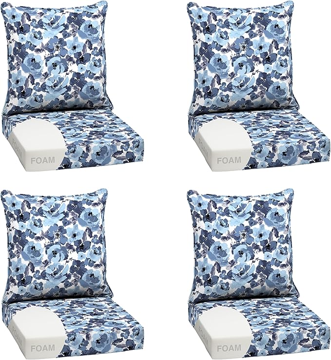 Arden Outdoor Foam Deep Seat Cushion Set (4-Pack), 24x24, Premium High-Density Foam, Never Flattens, Weather-Proof for Patio Chair Sofa Couch, Blue Garden Floral