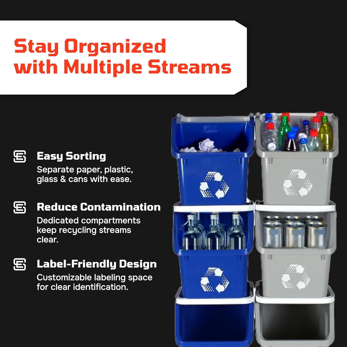 Multi Bin Recycling System with Six Stackable 6 Gallon Recycle Bins to Build Your Recycling Center for Offices, Kitchen, Garages, Businesses (6 Pack, Blue/Green)