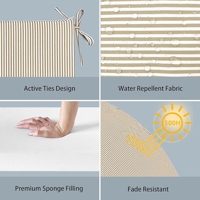 LVTXIII Outdoor Seat Cushions Seasonal Replacement Chair Cushions, Patio Chair Pads with Ties for Dining Chairs and Garden Furniture, (Square Back, 18.5"x16"x2", 2 Pack, Strip Beige)
