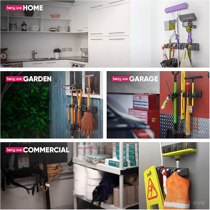 Berry Ave EXTRA GRIP Mop & Broom Holder Wall Mount ?€? Wall Hanging Organizer for Garden Tools, Closet, and Utility Storage, Includes Hardware, Fits Standard Brooms & Mops