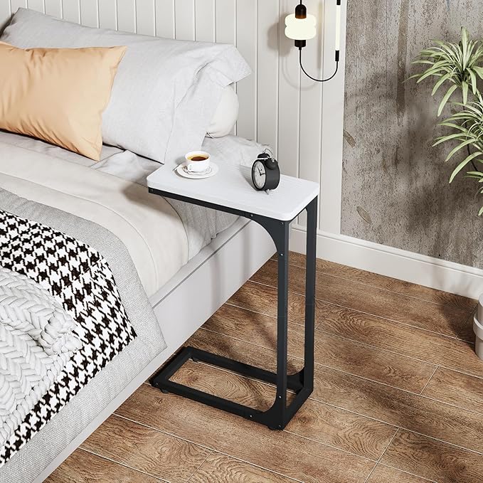 QEEIG Narrow C Shaped Side Table Set of 2 Living Room Sets Slim Couch Tray Tables Skinny Thin Small Modern 7 inch Width, White and Black (017-18WB)