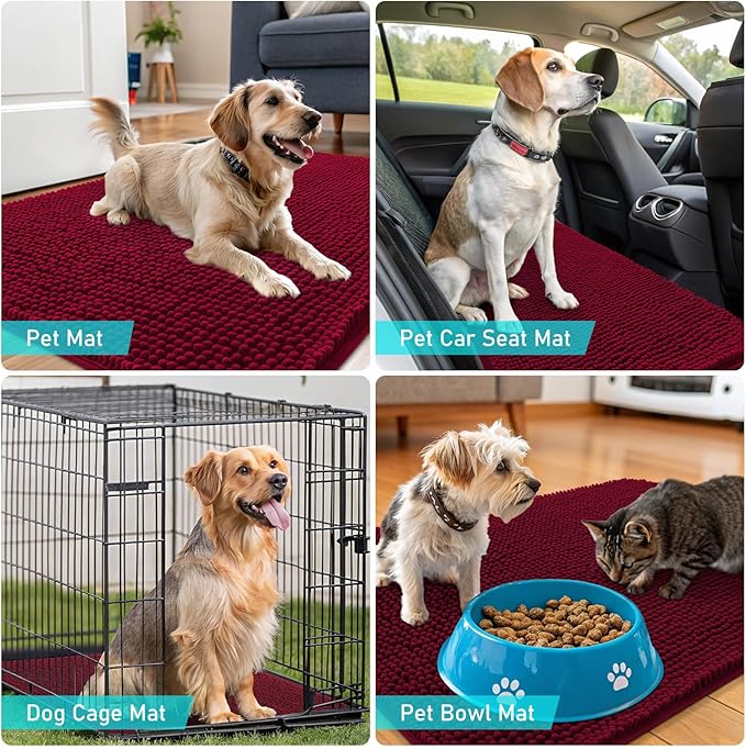 OLANLY Dog Door Mat for Muddy Paws 70x32, Absorbs Moisture and Dirt, Absorbent Non-Slip Washable Doormat, Quick Dry Chenille Mud Mat for Dogs, Entry Indoor Entryway Carpet for Inside Floor, Burgundy