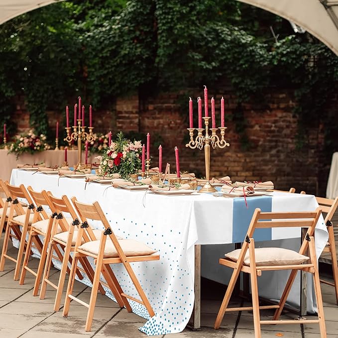 12Pack Disposable Plastic Tablecloths and Satin Table Runner Set White and Light Blue Dot Tablecloth Light Blue Satin Table Runner for Wedding Birthday Baby Shower Engagement Christmas Party Supplies