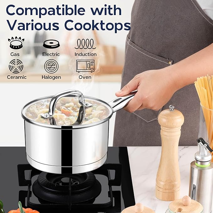LIANYU 1 Quart Stainless Steel Saucepan, Small Sauce Pan with Lid, Tri-Ply Bottom Multipurpose Pot for Cooking, Straight Side, Dishwasher Safe, Compatible with All Cooktops