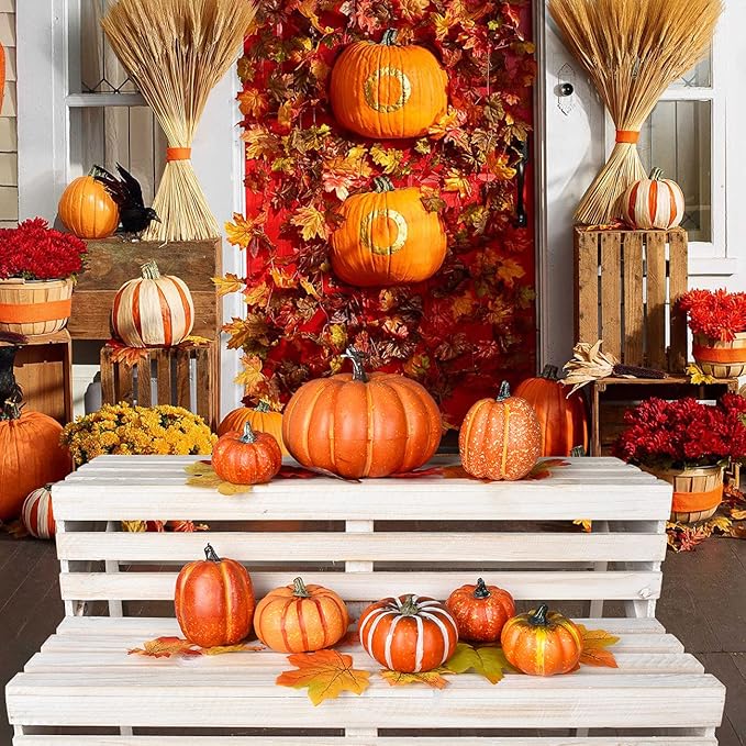 DearHouse 8Pcs Thanksgiving Artificial Pumpkins Home Decoration Sets and 50PCS Maple Leaves, Artificial Vegetables Pumpkins for Fall Harvest Decoration