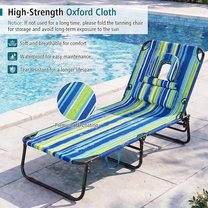 GYMAX Tanning Chair, Folding Lounge Chairs with Face Hole & Cover, Removable Pillow Carry Handle, Portable Compact Outdoor Layout Recliner for Beach, Poolside, Lawn, Patio, Camping (Blue Stripe,1)
