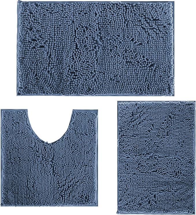 Blue Bathroom Rugs Chenille Bath Mats Set 3 Piece Extra Soft and Absorbent Shaggy Rugs, Machine Wash and Dry, Perfect Plush Bath Mats for Tub, Shower, Bathroom Decor, Washable Carpets Set